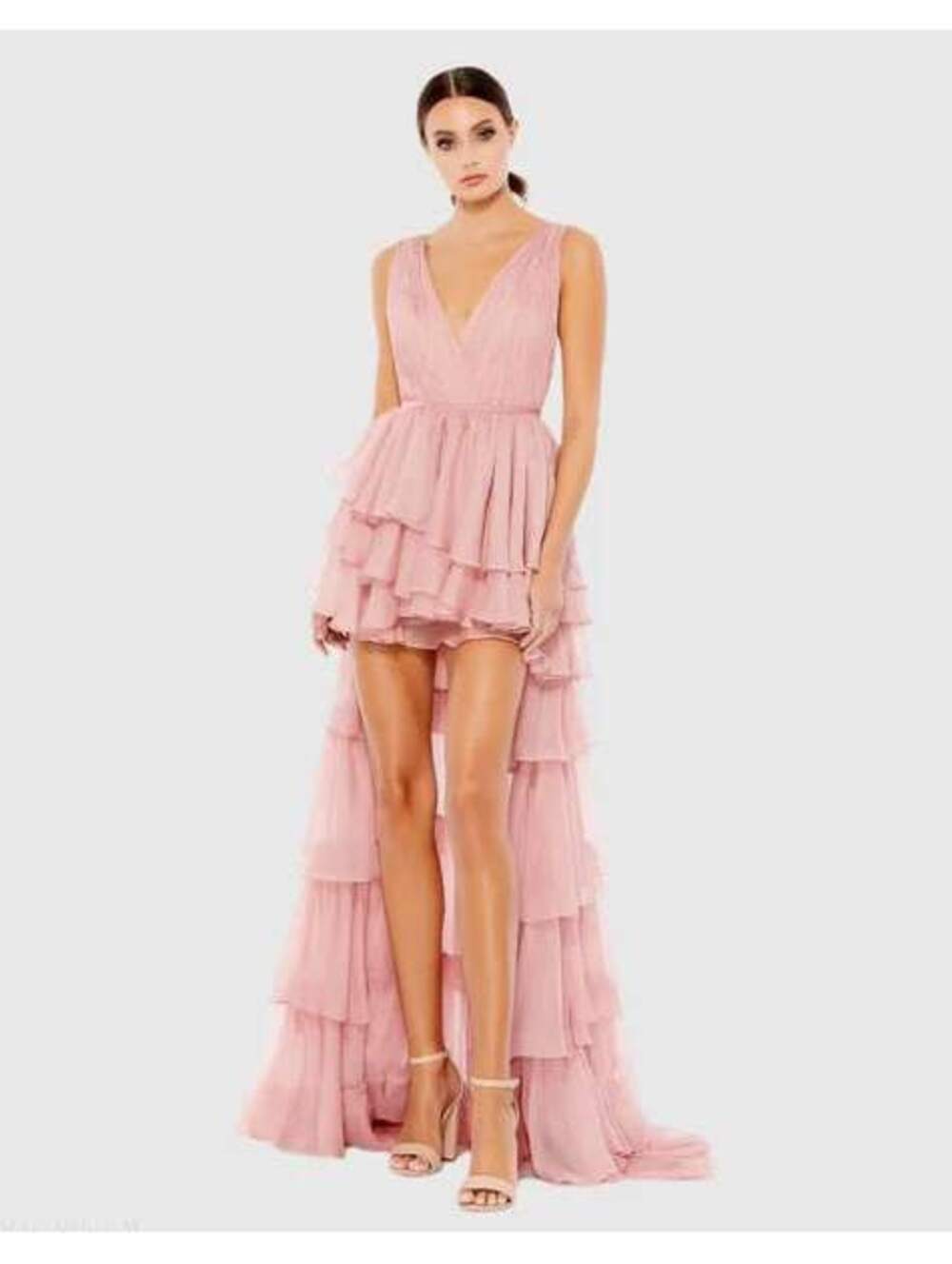 Ieena Mac Duggal Ruffle Chiffon High Low Gown Bodysuit Pink Size 4